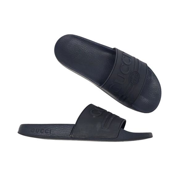 Gucci Logo Slides Rubber Sandals Slip On Black Italy Womens Size 40 US 10 - Picture 2 of 14